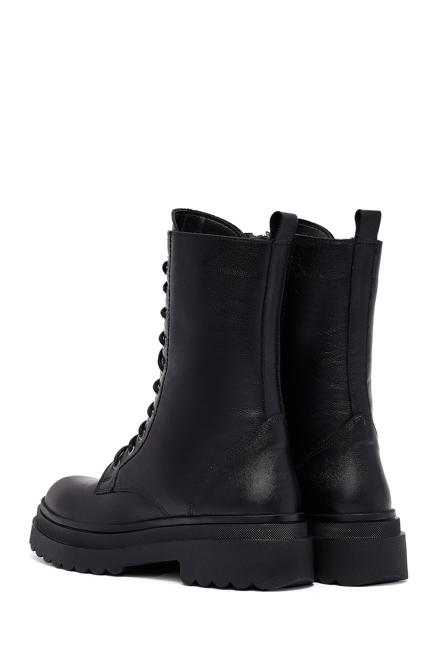 Woman Black Zip Closure Leather Combat Boots