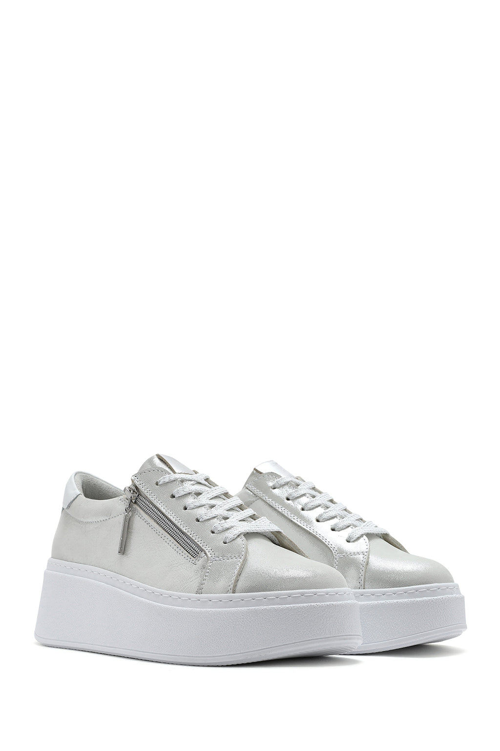 Kadın Gümüş Kalın Tabanlı Yandan Fermuarlı Deri Sneaker