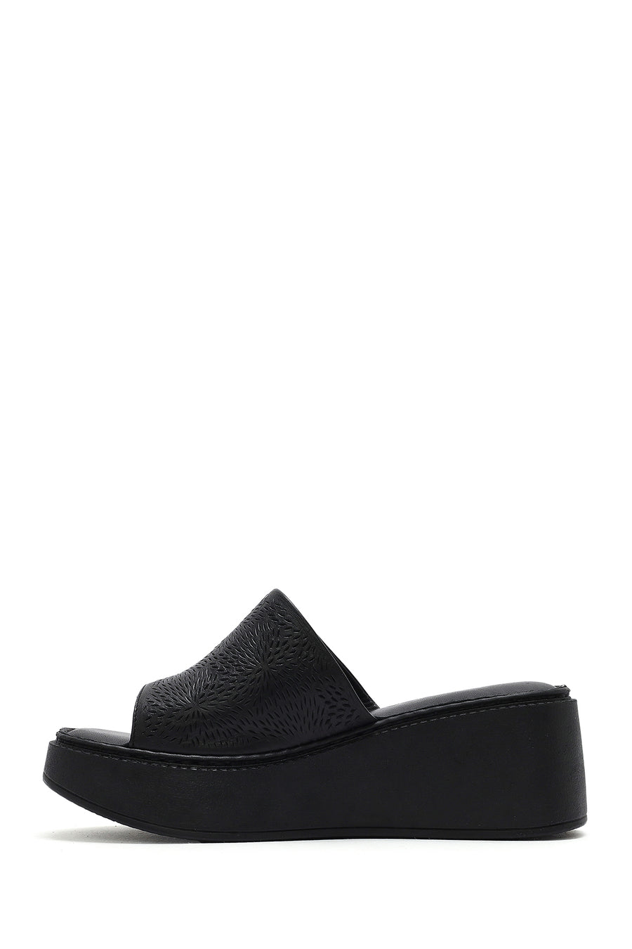 Women's Black Thick Soled Printed Leather Comfort Slippers