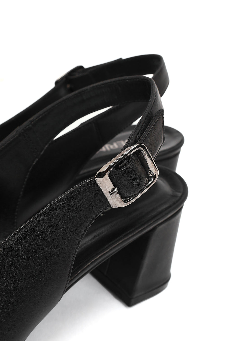 Women's Black Open Back Chunky Heel Leather Shoes