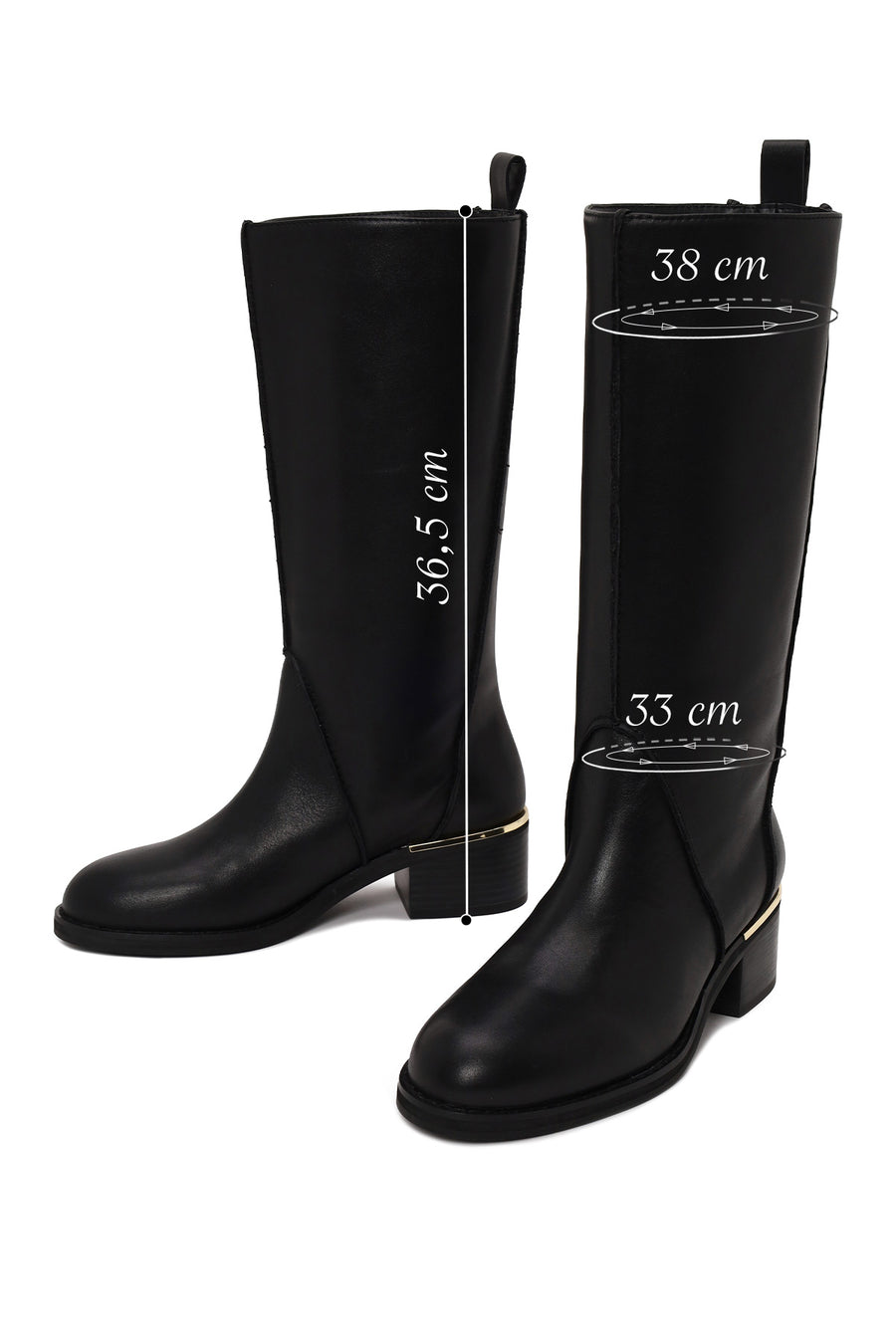 Woman Black Short Thick-Heeled Leather Boots