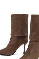 Women's Taupe Suede Thin Heeled Boots | Derimod