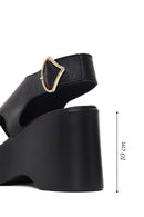 Woman Black Back Buckle Wedge Heel Leather Sandals | Derimod