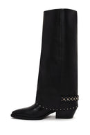 Woman Black Studded Chunky-Heeled Leather Cowboy Boots | Derimod