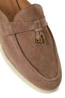 Women's Beige Buckle Suede Leather Slippers | Derimod