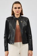 Heidi Women's Black Short Leather Jacket | Derimod