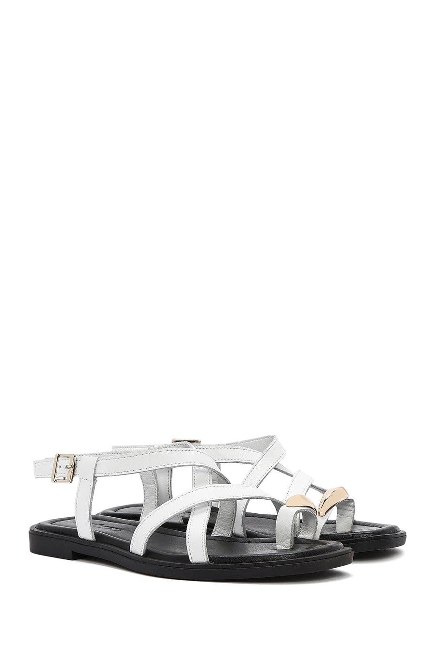 Women's White Leather Ankle Buckle Sandals