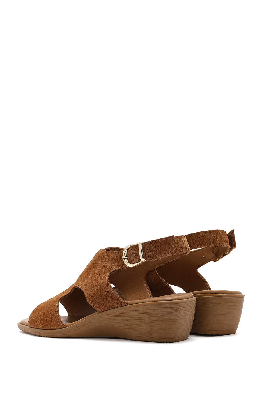 Women's Tan Suede Leather Wedge Heeled Sandals with Ankle Buckle