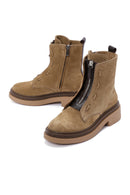 Women's Brown Suede Leather Zippered Flat Boots | Derimod