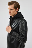 Niko Men's Black Hooded Leather Jacket | Derimod