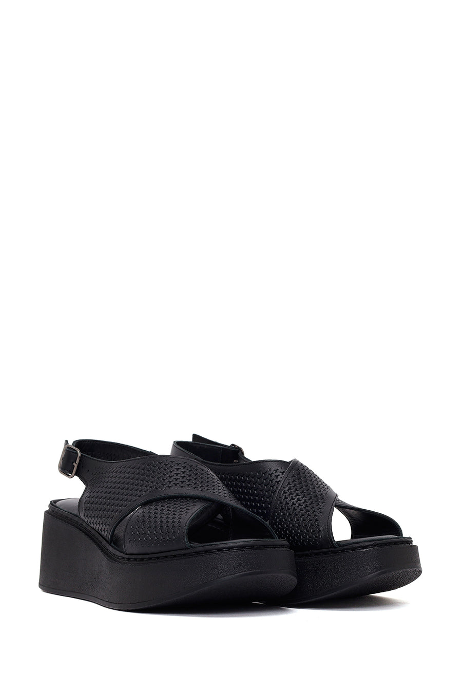 Woman Black Ankle-Buckle Wedge-Heel Leather Comfort Sandal