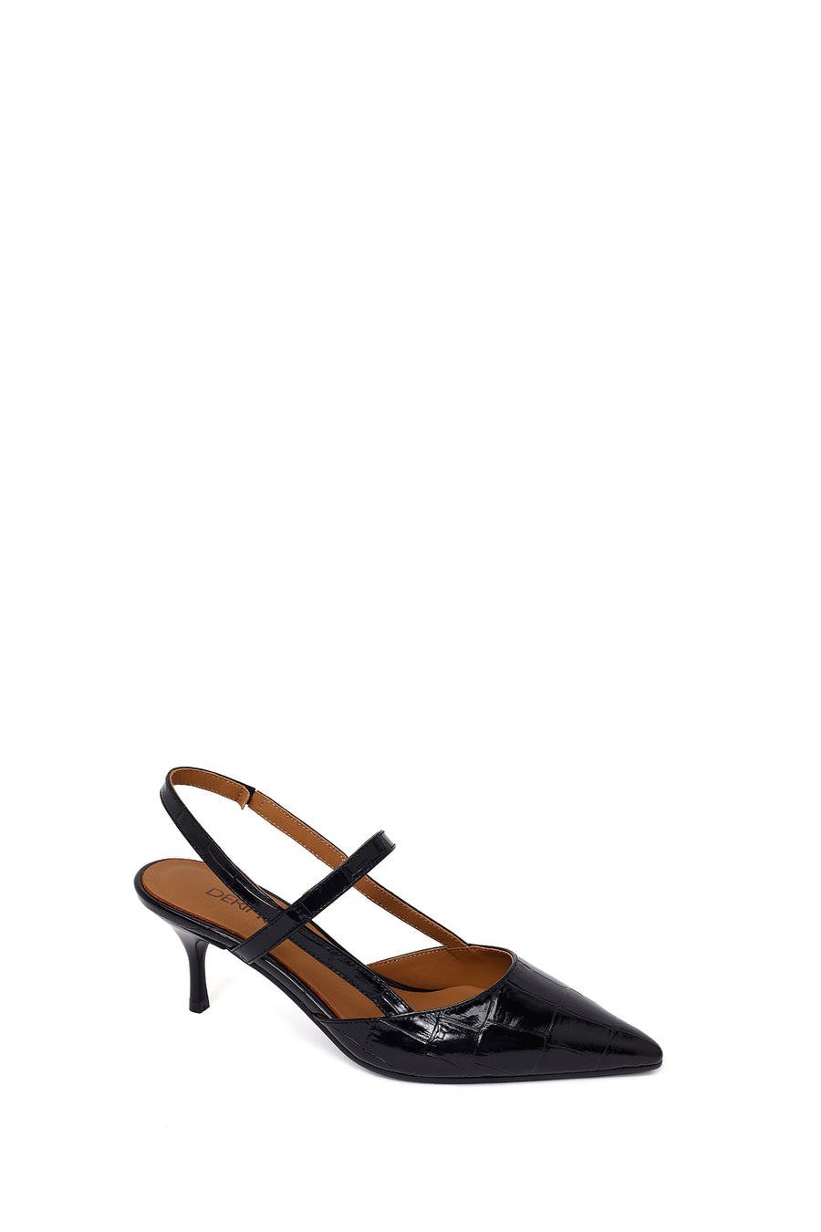 Woman Black Open-Back Thin-Heeled Croc-Embossed Leather Shoes