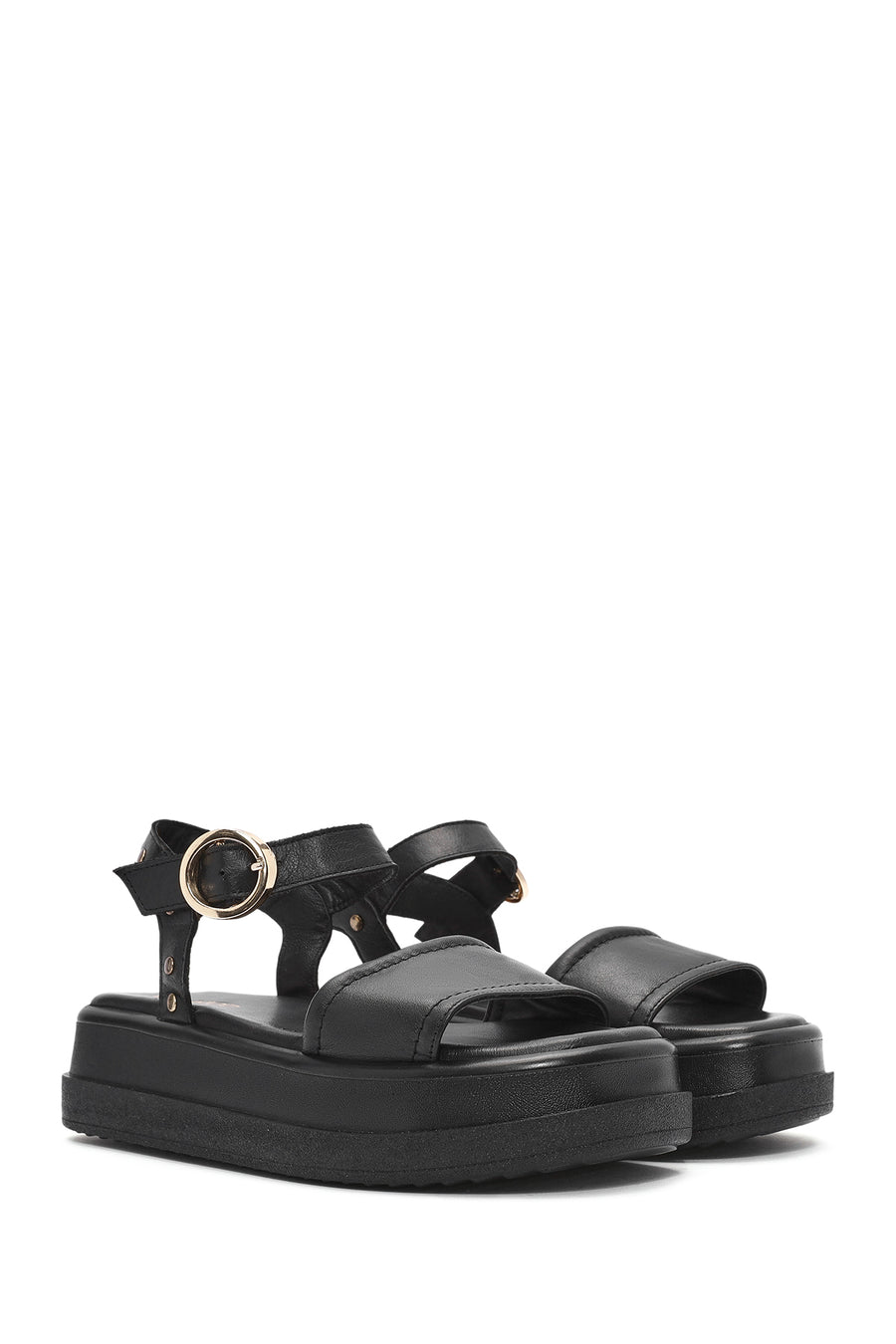 Women's Black Ankle Buckle Thick Soled Leather Sandals