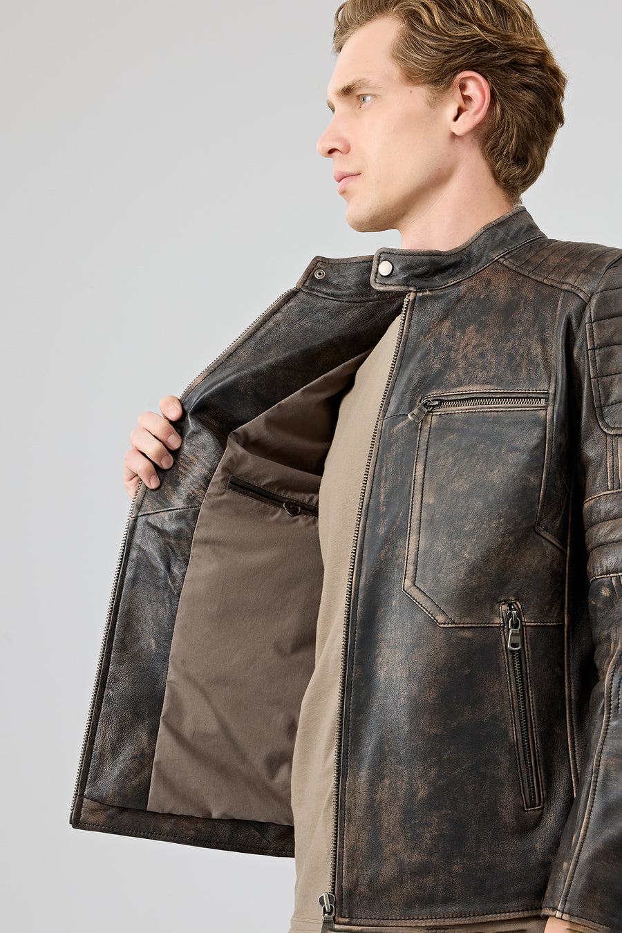 Morant Erkek Kahverengi Vintage Slim-Fit Deri Ceket
