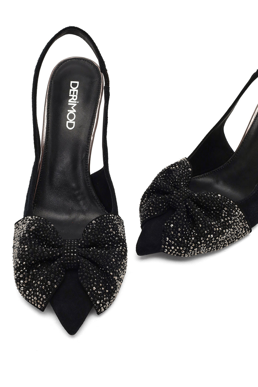 Women's Black Back Open Jeweled Thin High Heel Suede Leather Shoe