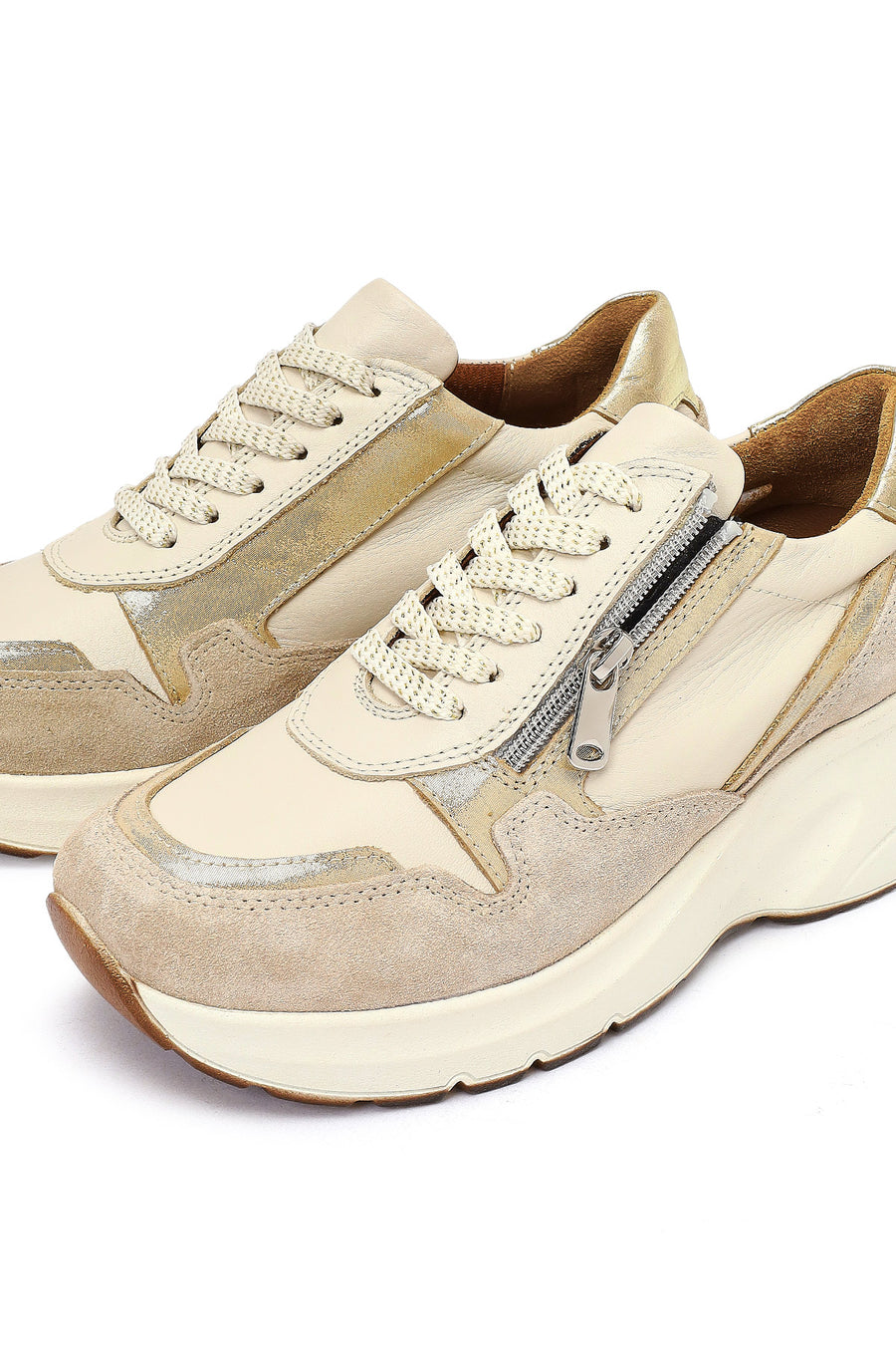 Kadın Bej Bağcıklı Fermuar Detaylı Dolgu Topuklu Deri Sneaker