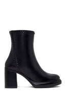 Woman Black Zip Closure Thick-Heeled Leather Boots | Derimod