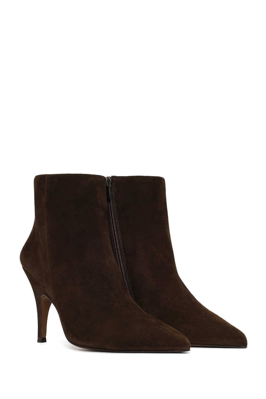 Woman Brown Zip Closure High Thin Heeled Suede Boots