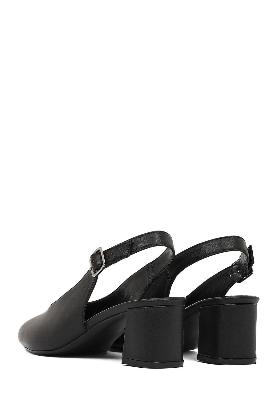 Women's Black Open Back Chunky Heel Leather Shoes