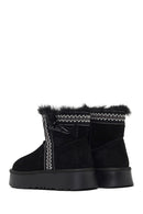 Women's Black Thick-Soled Patterned Suede Leather Teddy Boot | Derimod
