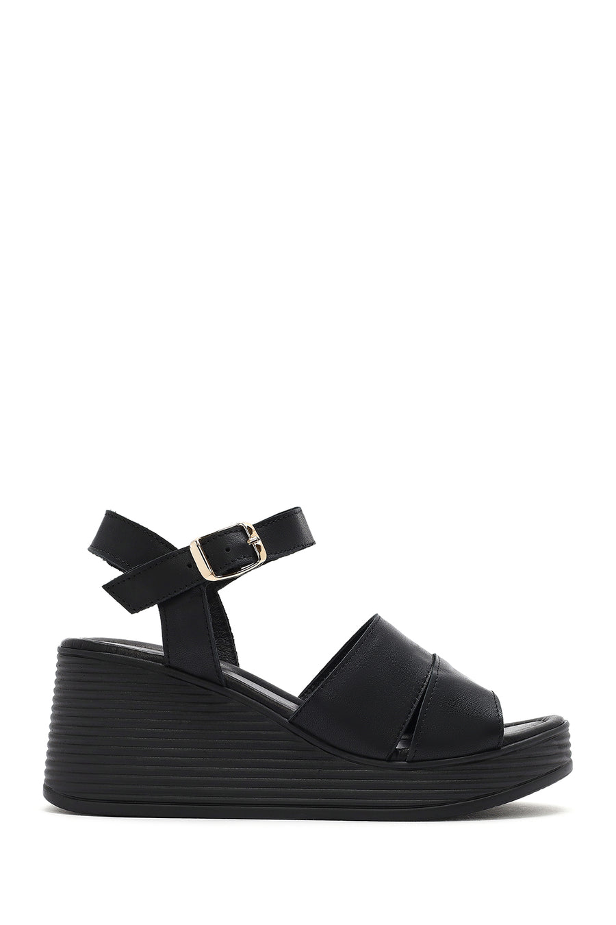 Women's Black Ankle Strap Wedge Heel Leather Sandals 25SFD181118 | Derimod