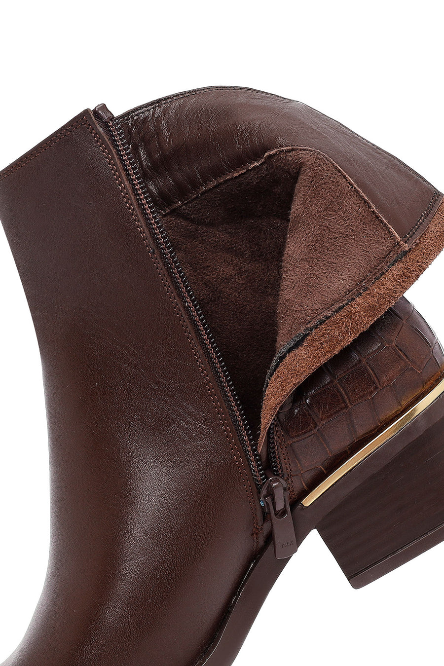 Woman Brown Zip Closure Short Thick Heeled Leather Boots