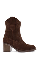 Women's Brown Chunky Heel Suede Leather Cowboy Boots | Derimod