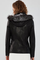 Audrey Women's Black Hooded Fur Leather Coat | Derimod