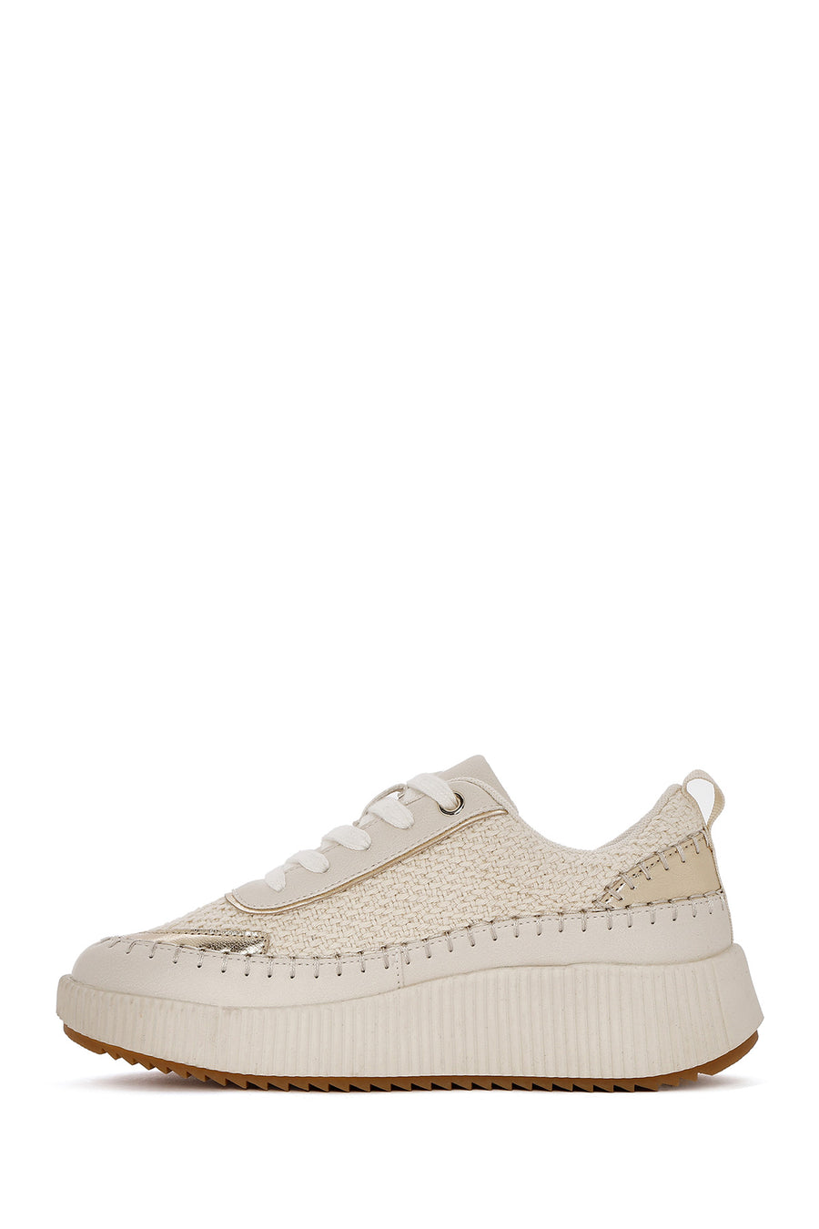 Women's Beige Lace-Up Thick-Sole Knitted Sneakers