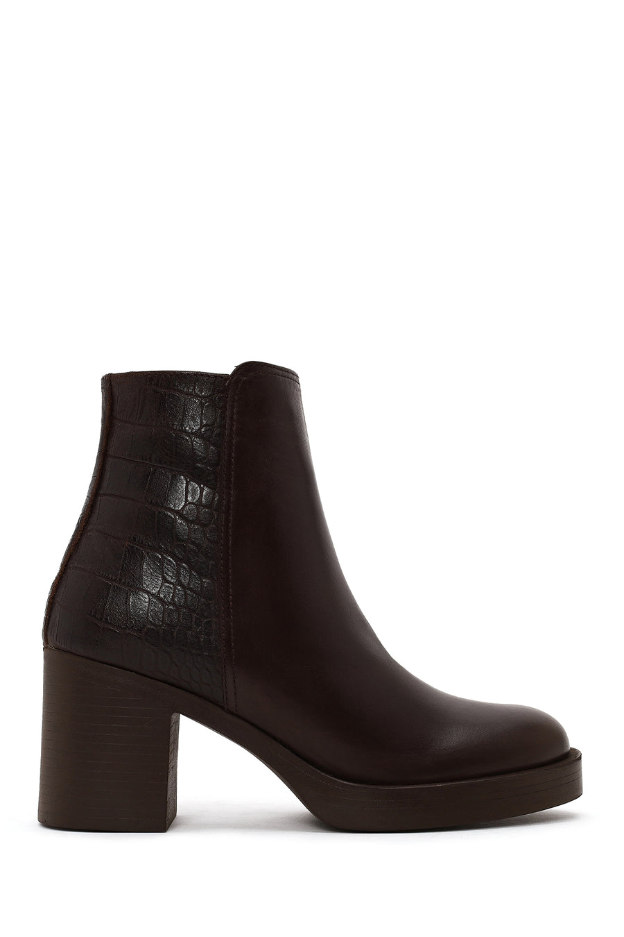 Woman Brown Zip Closure Croc Patterned Platform Chunky Heeled Leather Boots WF170027DK | Derimod
