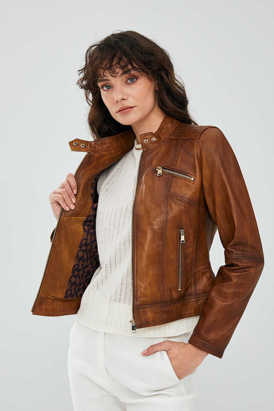 Kylie Women's Camel Short Leather Jacket