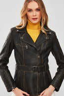 Mayfair Women's Brown Vintage Long Biker Leather Jacket | Derimod