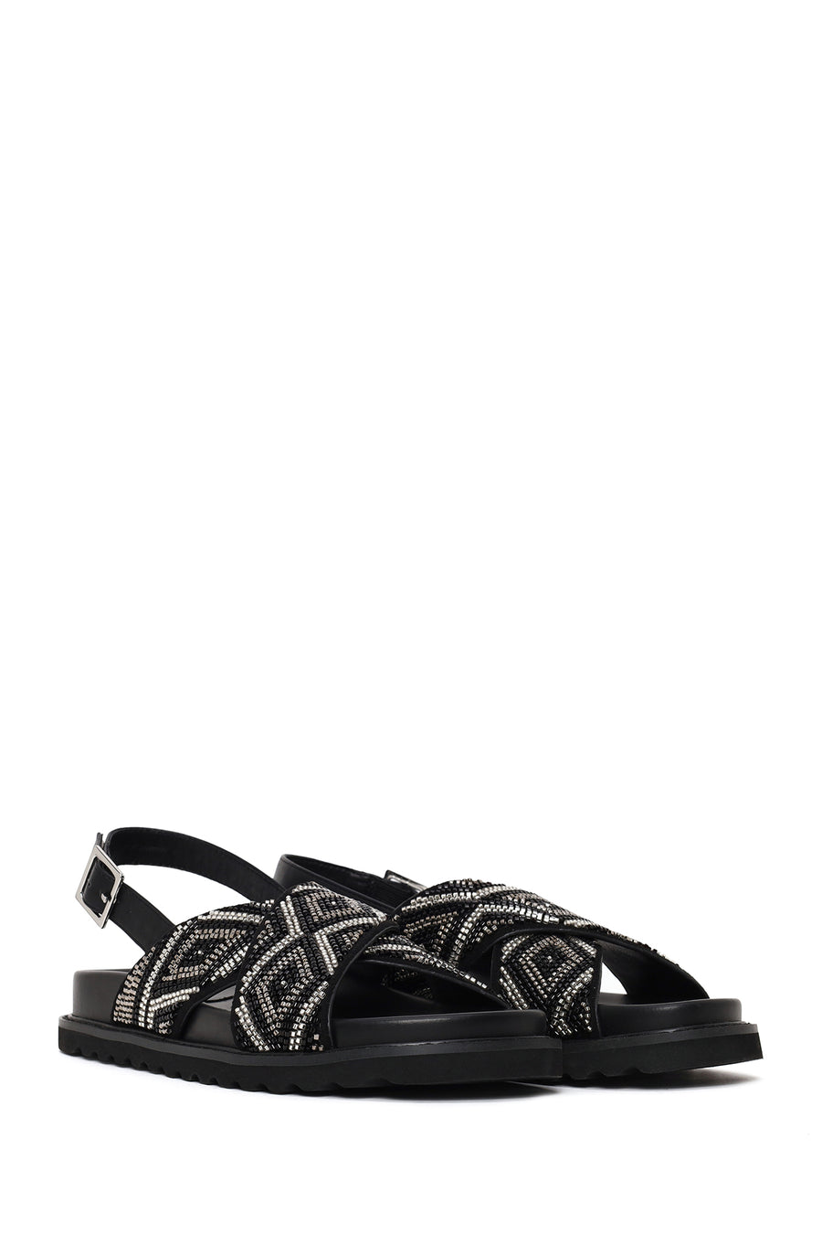 Woman Black Ankle-Buckle Embellished Sandals
