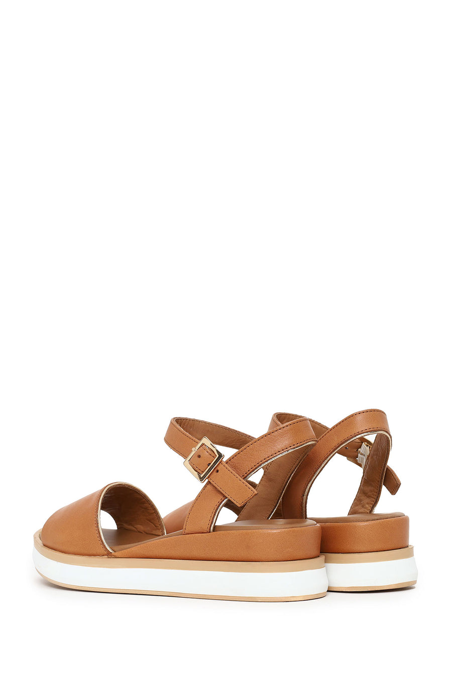 Woman Tan Strappy Wedge Heel Leather Sandal