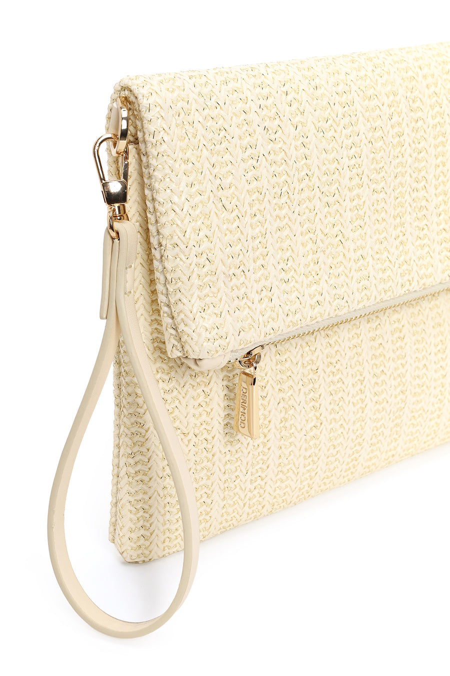 Woman Cream Chain Long-Strap Straw Clutch Bag