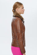 Belinda Women's Cognac Shearling Leather Jacket | Derimod