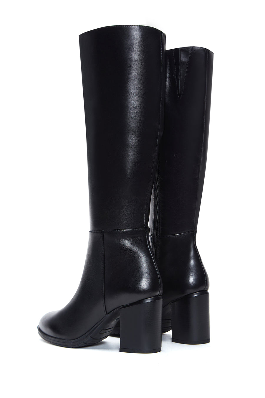 Women's Black Zippered Thick Heel Leather Boots