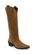 Woman Tan Chunky Heeled Suede Cowboy Boots | Derimod