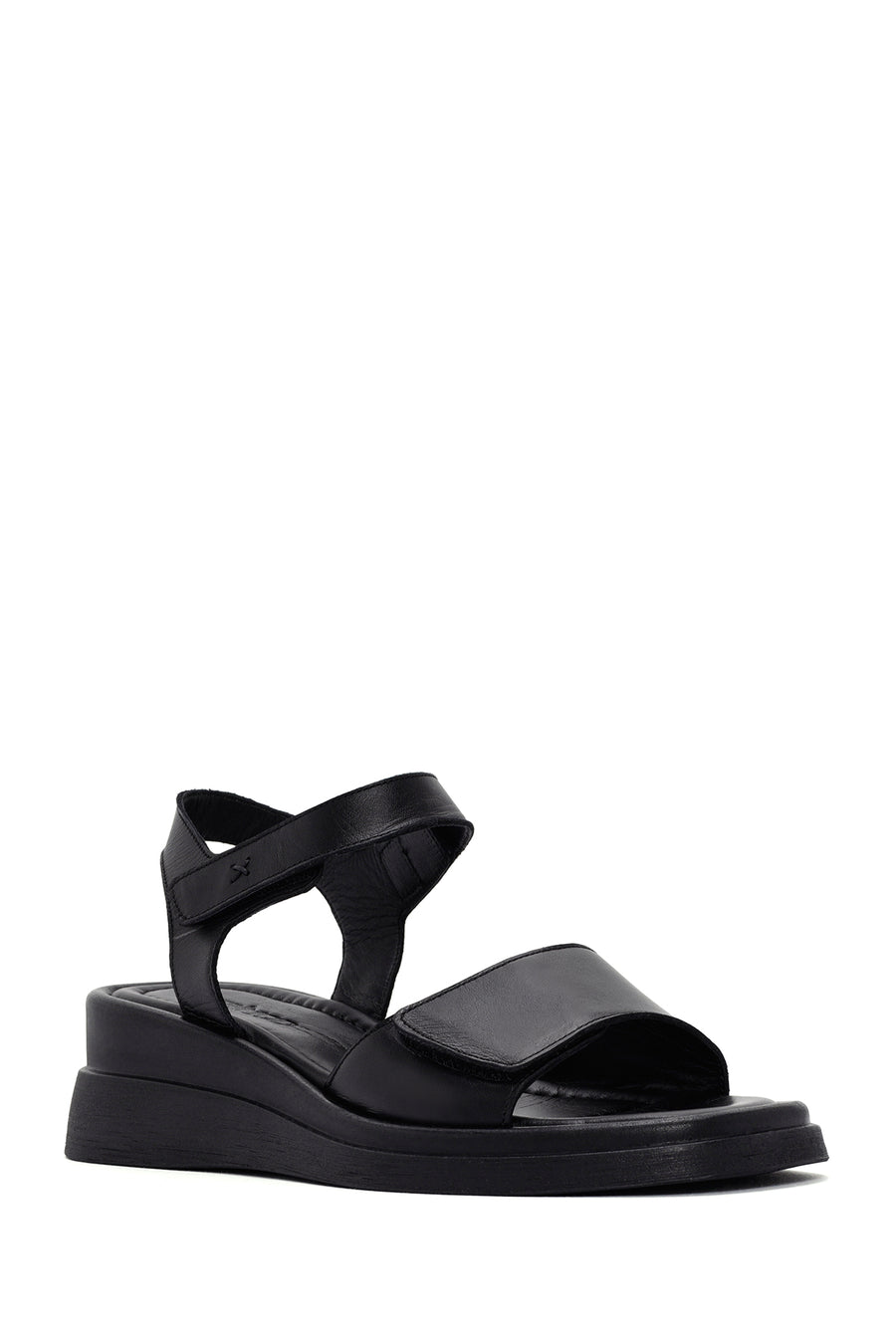 Women's Black Wedge Heeled Leather Sandals