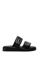 Women's Black Double-Striped Leather Comfort Slippers | Derimod