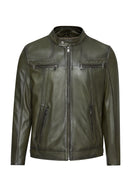 Lucas Men's Khaki Mandarin Collar Leather Jacket | Derimod