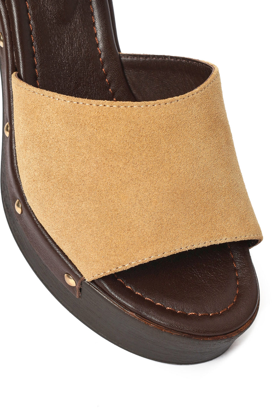 Woman Beige Ankle-Strap Buckled Thick-Heeled Suede Leather Sandals