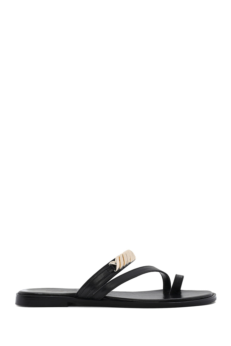 Women's Black Stoned Flip-Flop Leather Slippers 25SFD160618 | Derimod