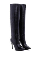 Women's Navy Blue Leather Thin Heeled Boots | Derimod