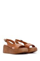 Women's Tan Ankle Strap Wedge Heeled Leather Comfort Sandals | Derimod