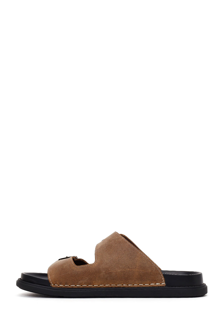 Male Beige Double-Buckle Nubuck Leather Slipper