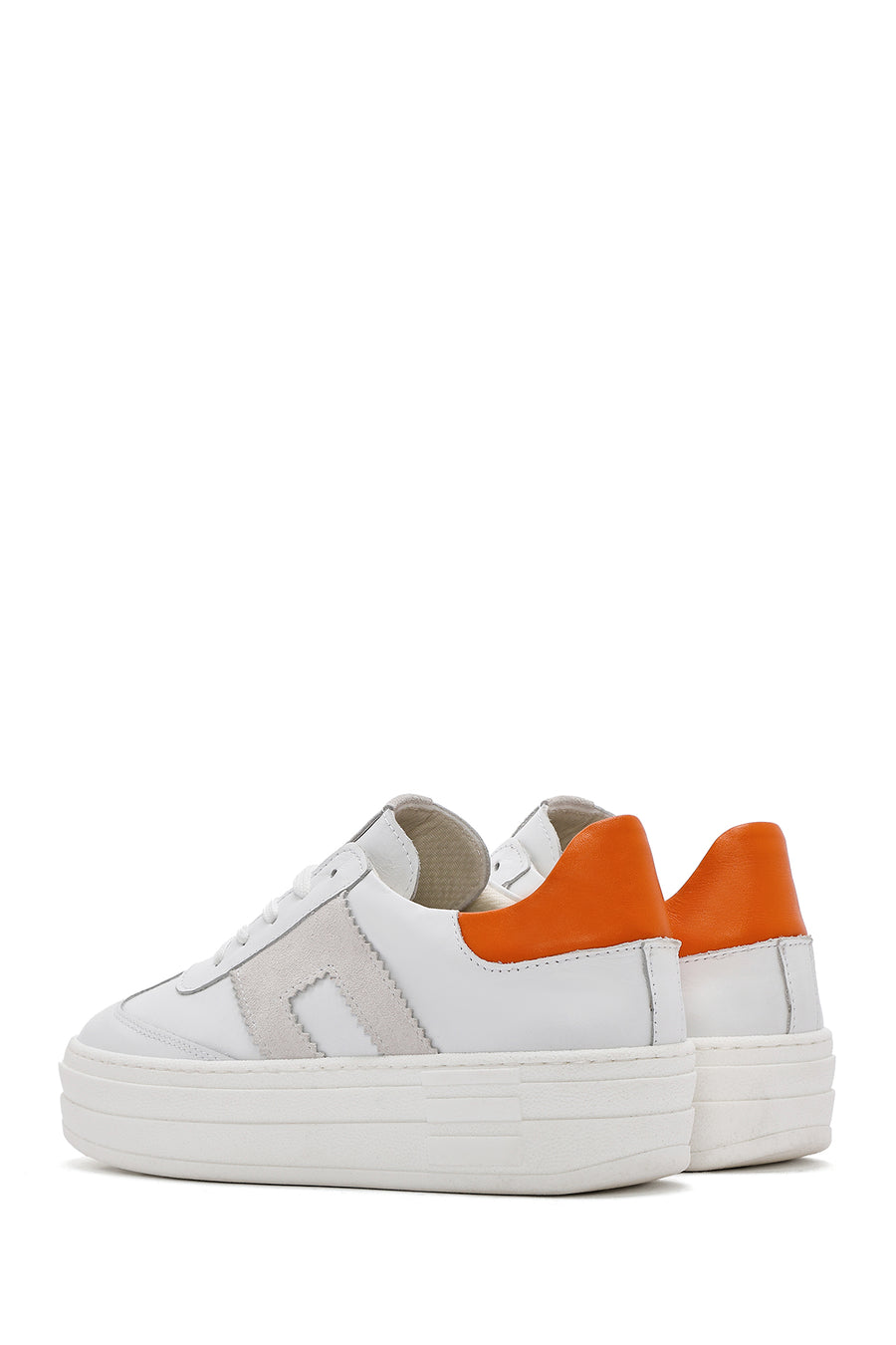 Women's White Lace-up Thick-Sole Leather Sneaker