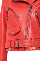 Newage Kadın Kırmızı Slim-Fit Biker Deri Ceket | Derimod