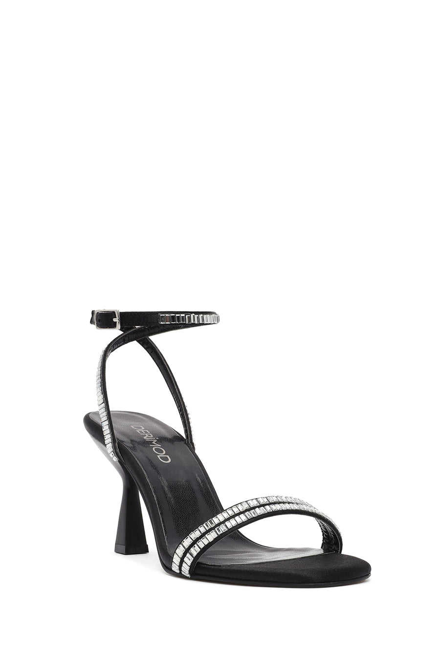 Women's Black Ankle Buckle Stoned Thin Heel Sandals