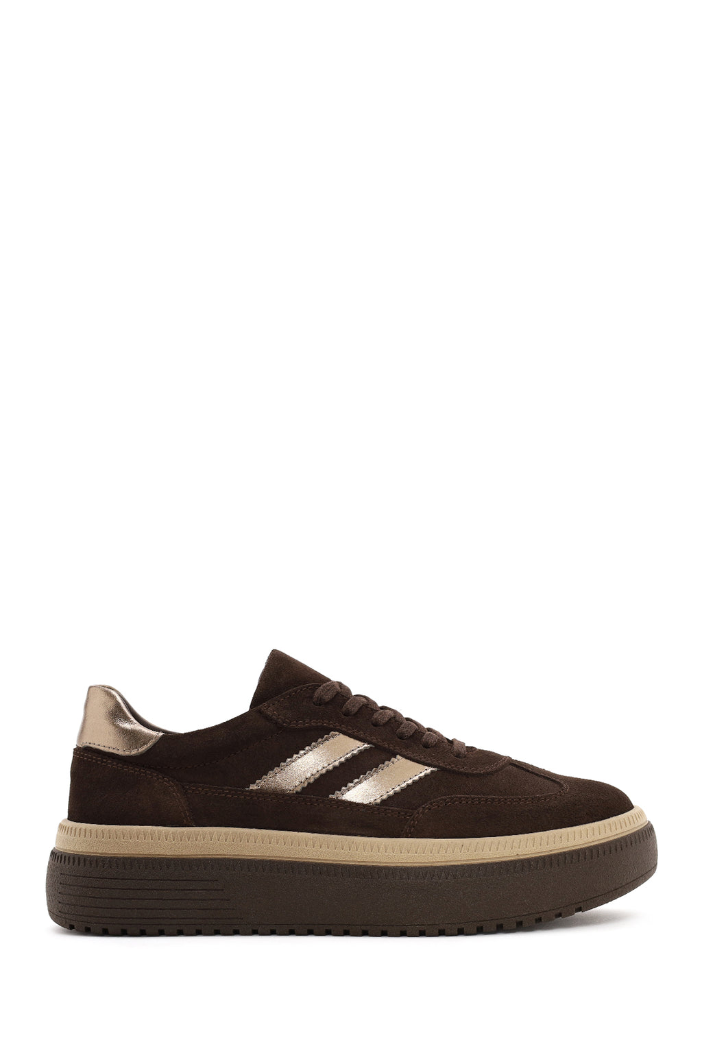 Kadın Kahverengi Bağcıklı Kalın Tabanlı Süet Deri Sneaker